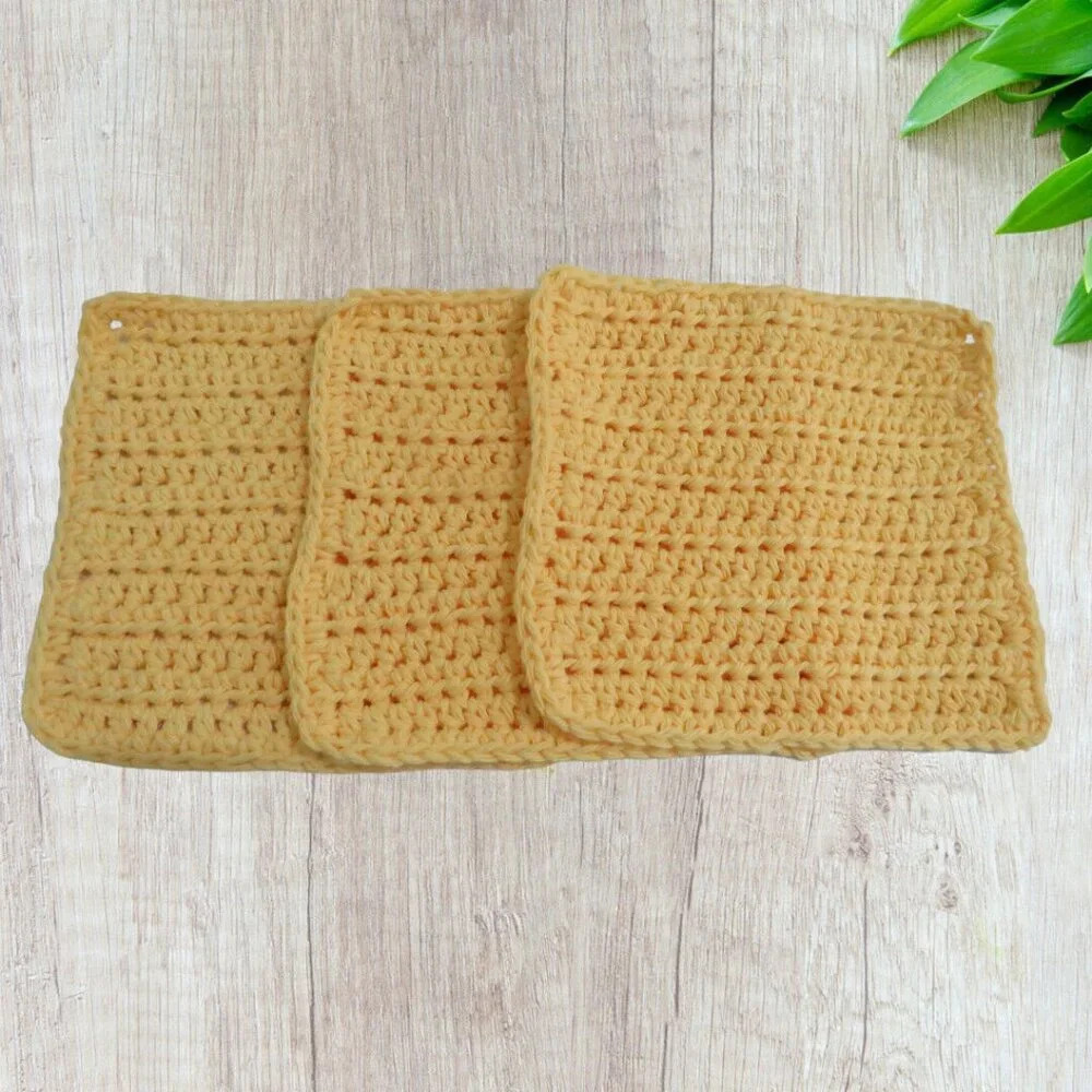Handmade Crochet Dishcloth Set of 3 Cotton Yarn Yellow